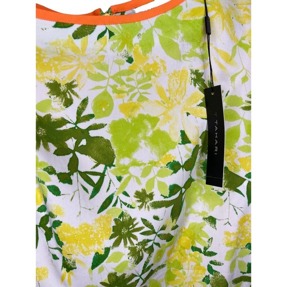 T TAHARI Terry Sheath Summer Dress Sleeveless Floral Bright Lime, Orange, Green, - Picture 3 of 11